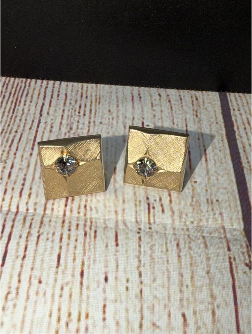 Square Swank Cufflinks Aurora Borealis Rhinestone Brushed Gold Tone